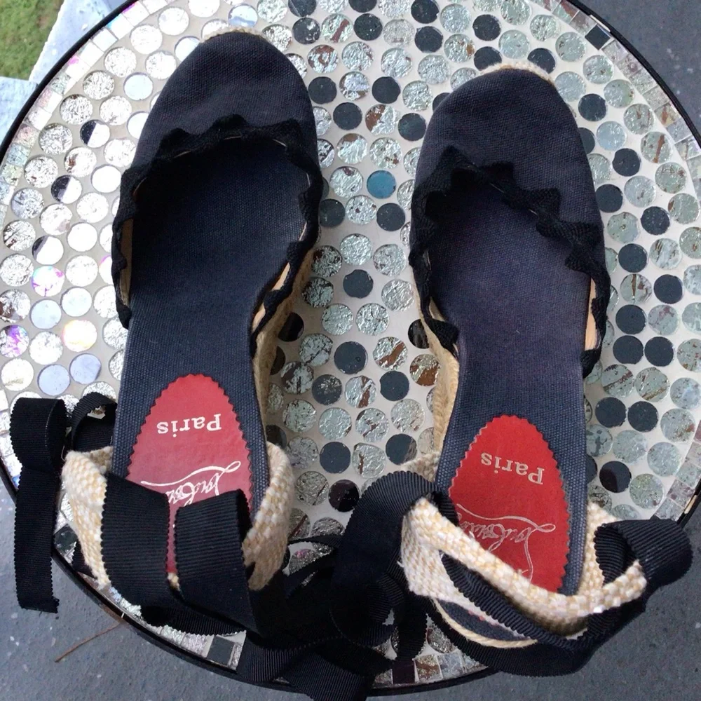 Christian Louboutin Black and Navy Espadrille Wedge Ankle Wrap Ribbon Sandals